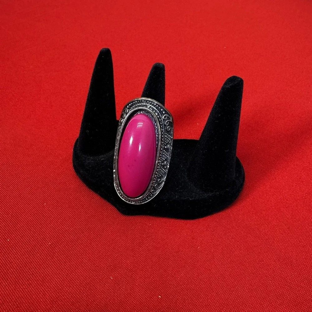 Chunky Silvertone Adjustable Ring With Large Faux Pink Stone